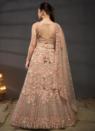 Peach Net A - Line Lehenga Choli with Cord, Embroidered, Sequins and Thread Work
