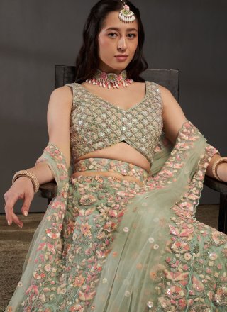 Cord, Embroidered, Sequins and Thread Work Net Lehenga Choli In Sea Green