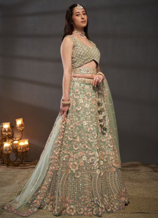 Cord, Embroidered, Sequins and Thread Work Net Lehenga Choli In Sea Green