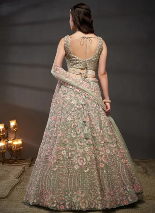 Cord, Embroidered, Sequins and Thread Work Net Lehenga Choli In Sea Green