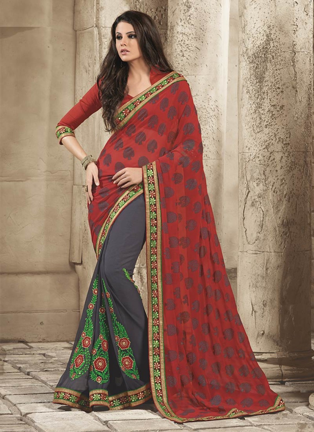 Admirable Grey And Red Georgette Saree