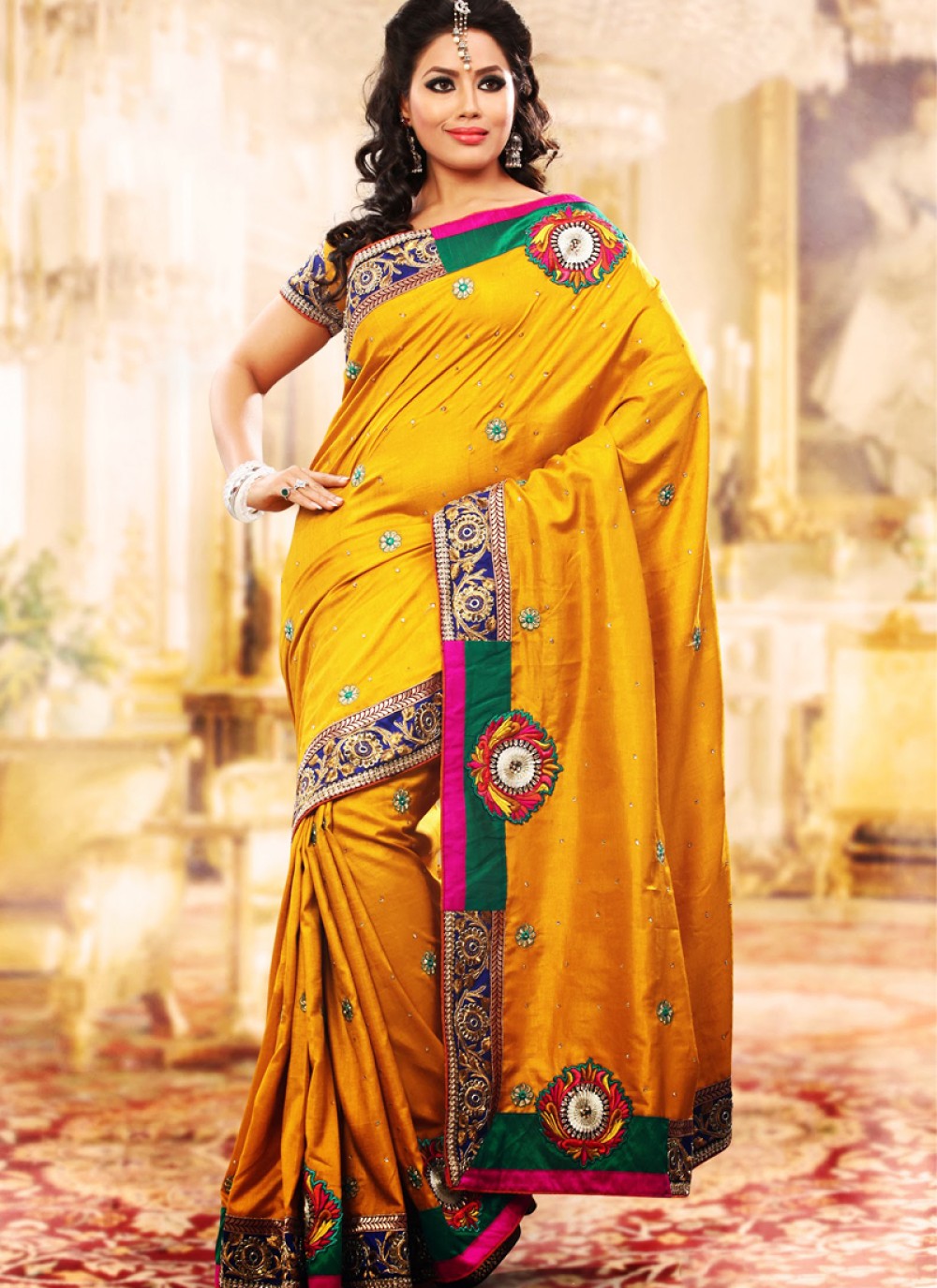 golden yellow Embroidered Saree