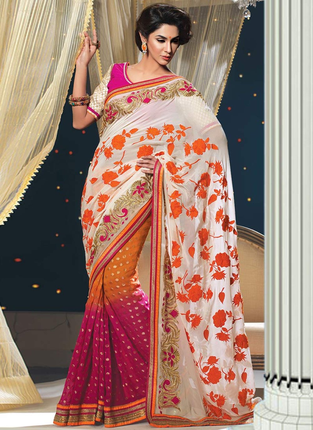 Georgette Fabric White Color Half And Half Saree With Mirror Work Blouse