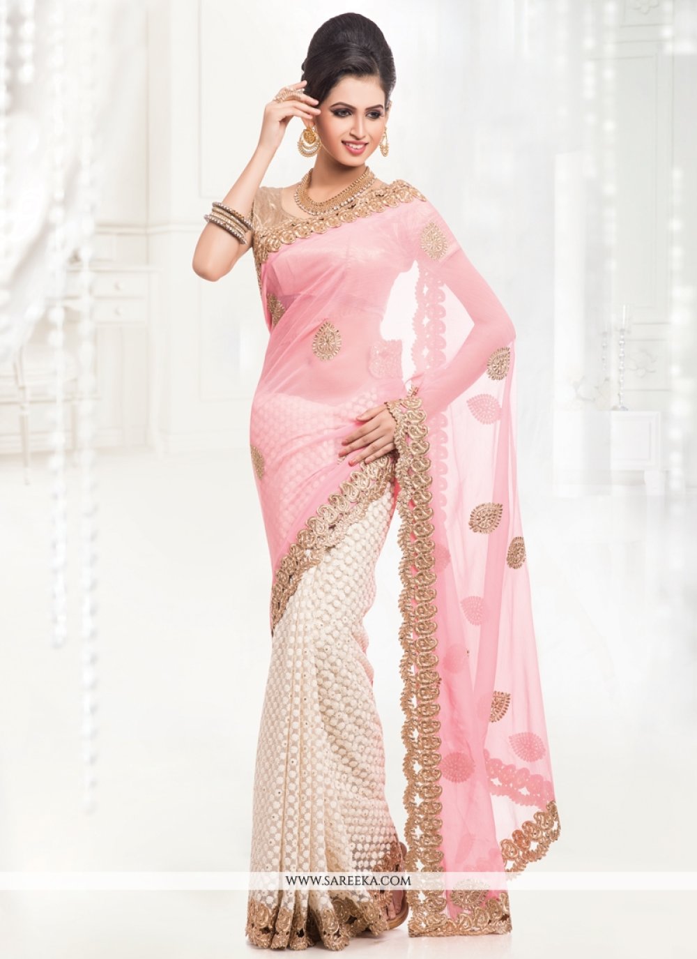 pink and white half saree