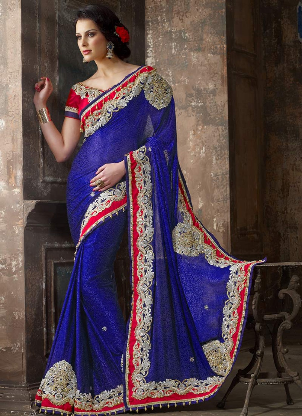 Buy Uniform Sarees Corp Women's Crepe Saree With Blouse Piece (53/015_Red,  Navy Blue) at Amazon.in