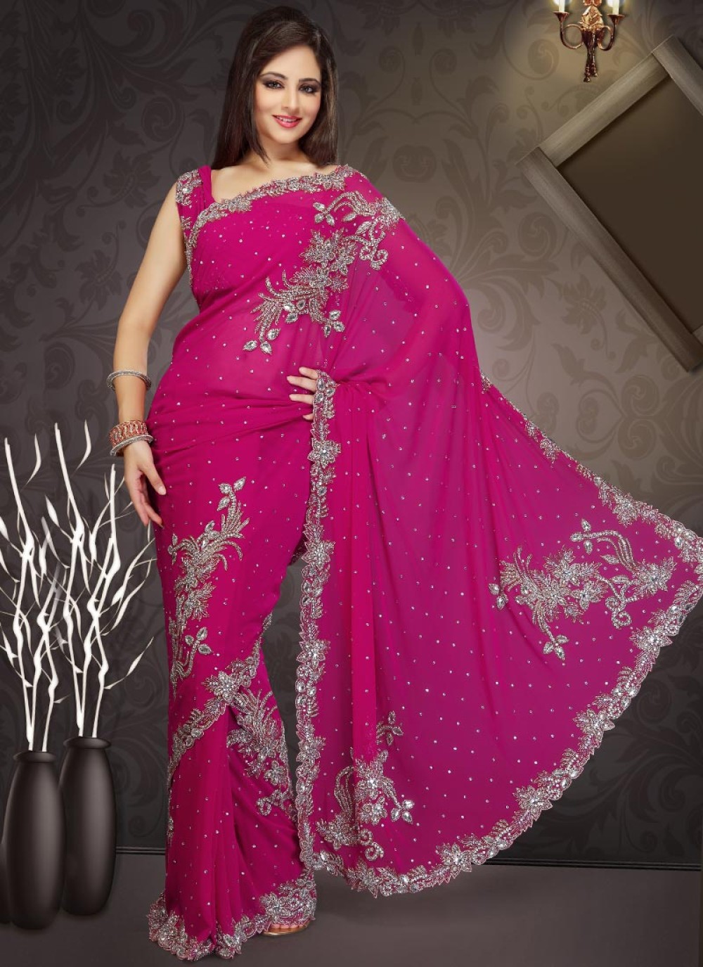 Hot Pink Stones Studded Georgette Saree
