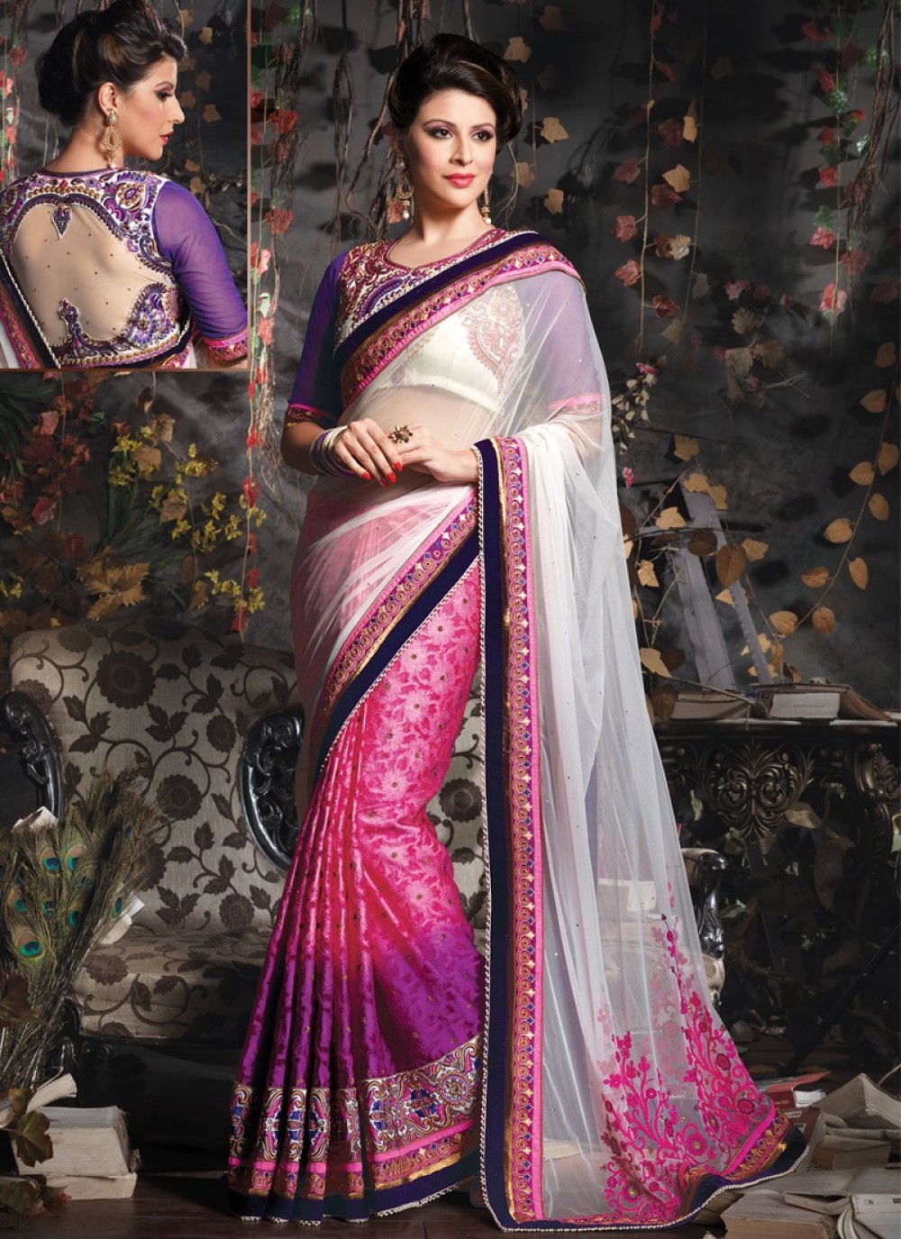 Off White And Pink Beads Work Party Wear Saree
