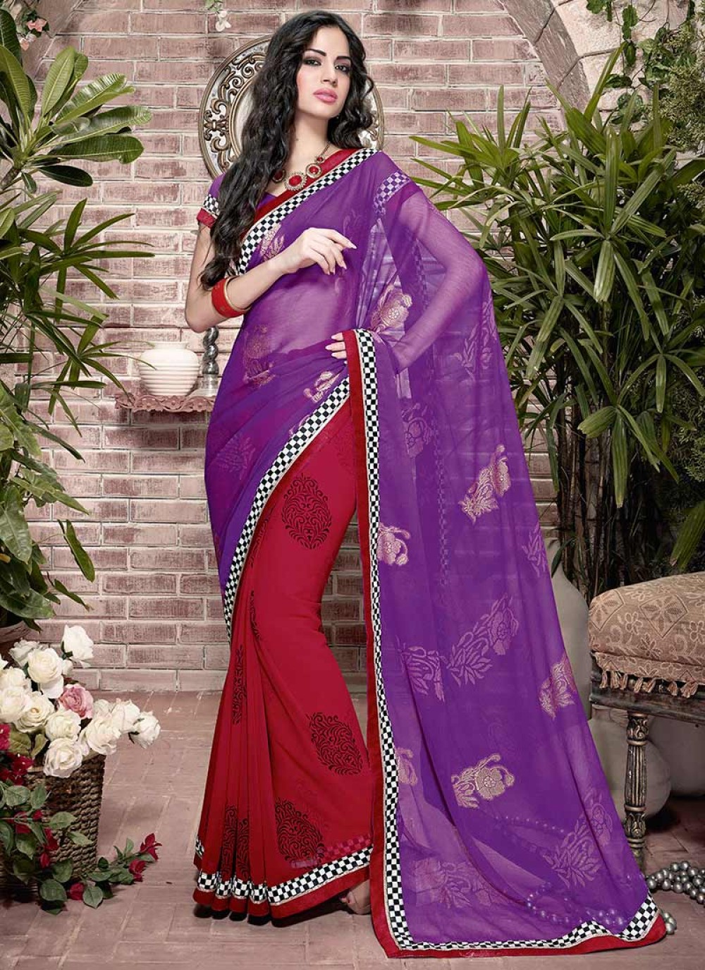 Red And Purple Patch Border Half And Half Saree
