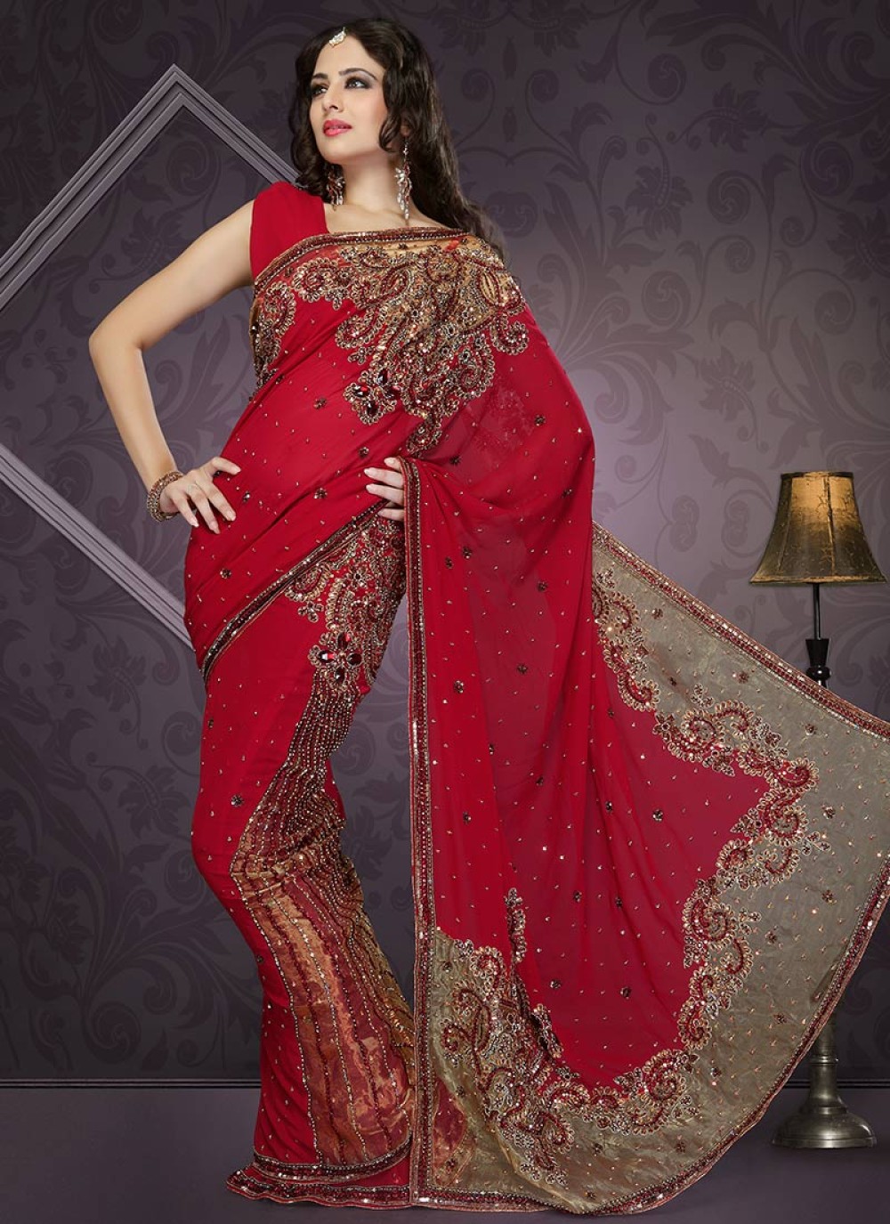 Red Faux Georgette Saree