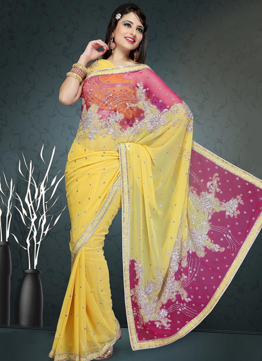 Yellow and Pink Shade Georgette Saree