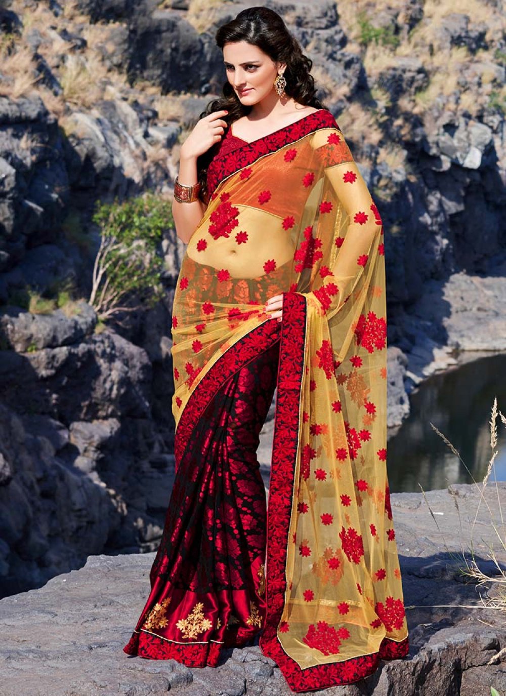 Vishal Prints Black And Red Orange Printed Georgette Saree With Fancy