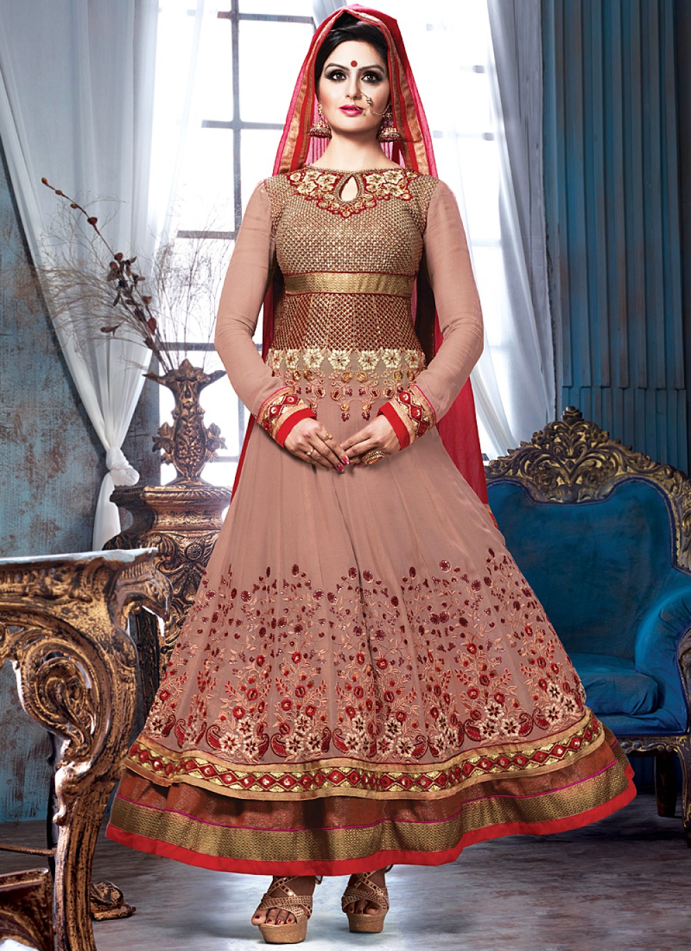 Brown Embroidery Net Anarkali Suit