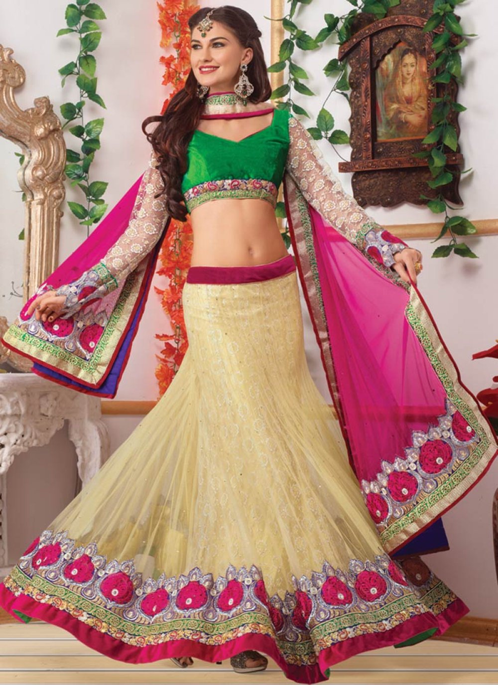 Fish cut Lehenga with Swarovski embroidery in silver and pink. – Ricco India