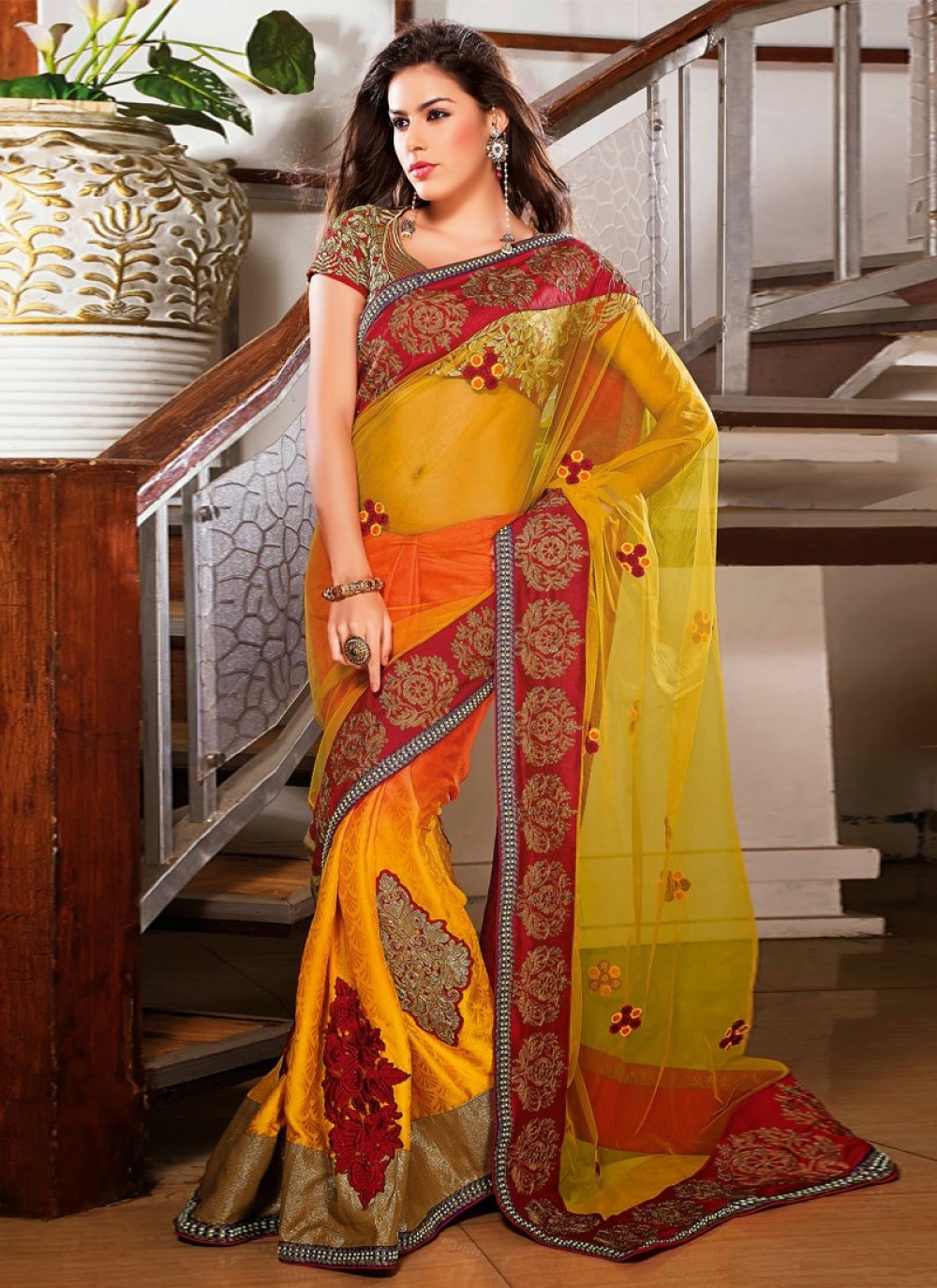 Gold And Orange Net Party Wear Saree
