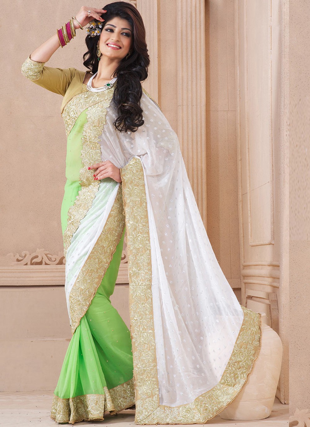 Bhabina Green white Leheriya | Crepe silk sarees, Blouse piece, Green white