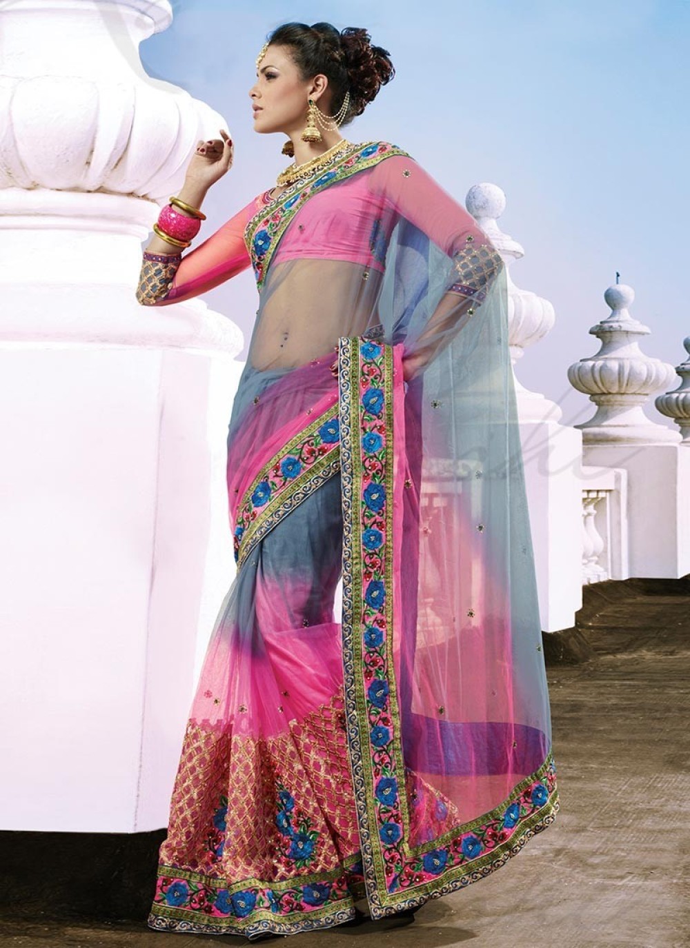 Party Wear Black and Grey color Organza Silk fabric Saree : 1843471