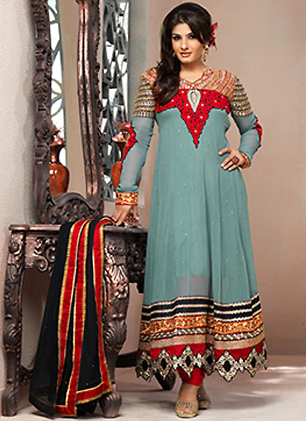 Grey And Red Stone Work Anarkali Suit