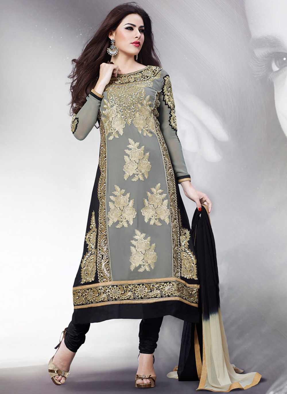 Grey Embroidered Georgette Churidar Suit