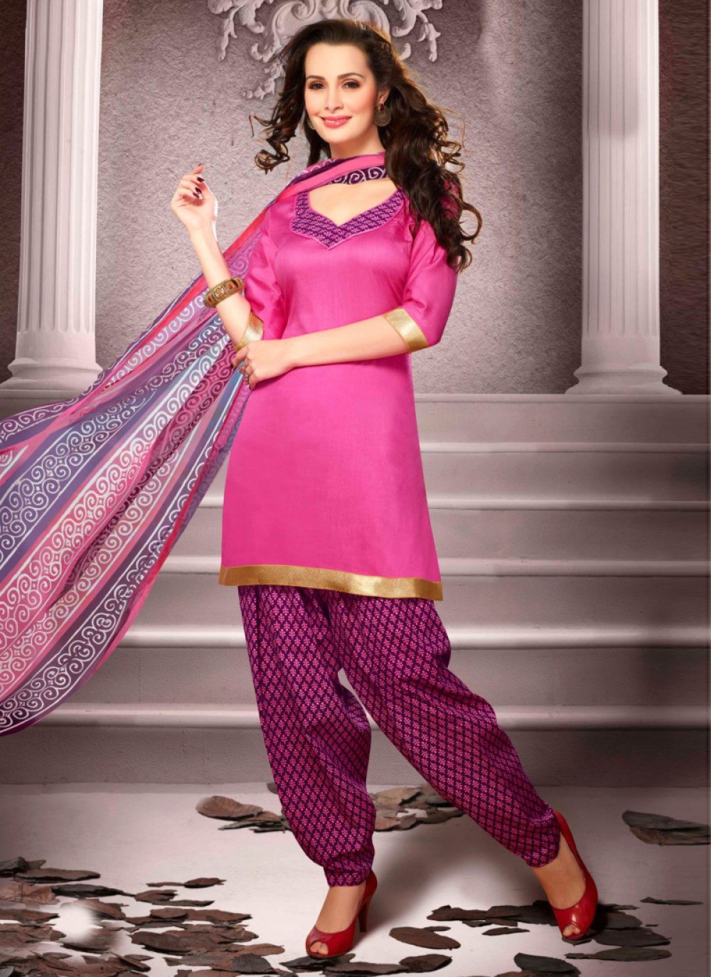 Embroidered Cotton Pakistani Suit in Pink : KYE2171
