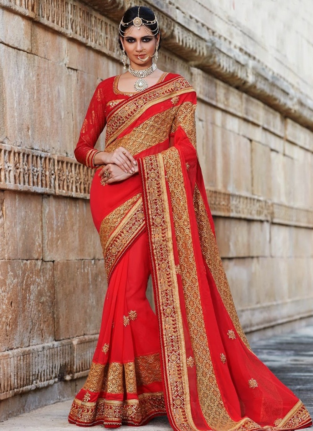 Red Faux Georgette Saree