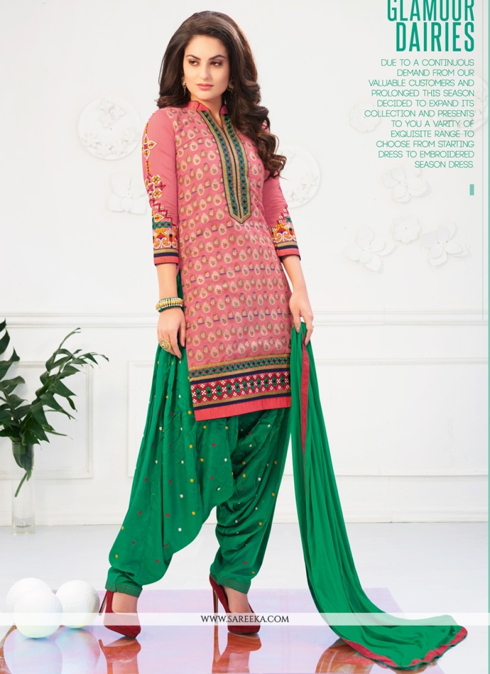 green and pink patiala suit