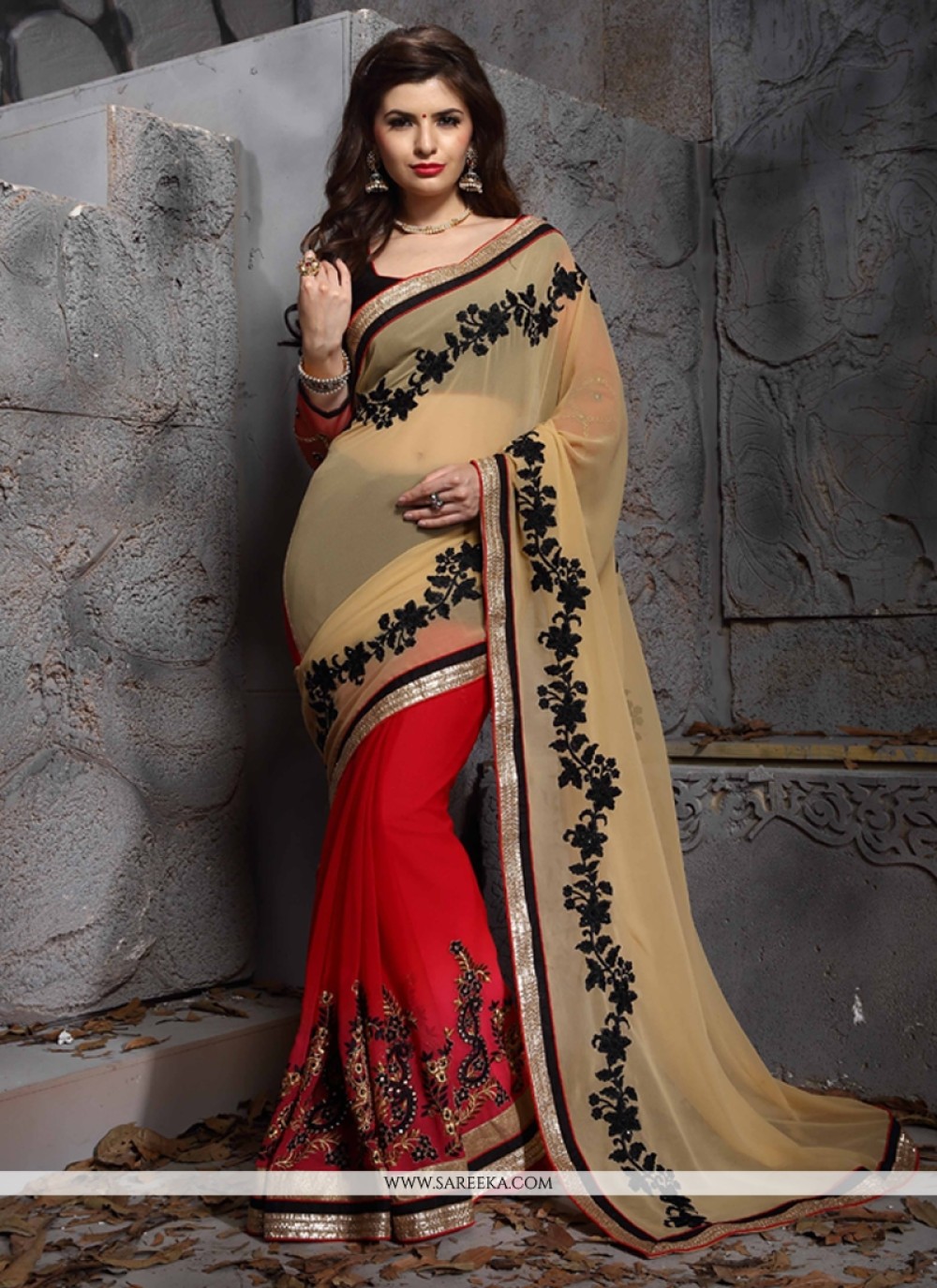 Faux Georgette Red Designer Saree 0543