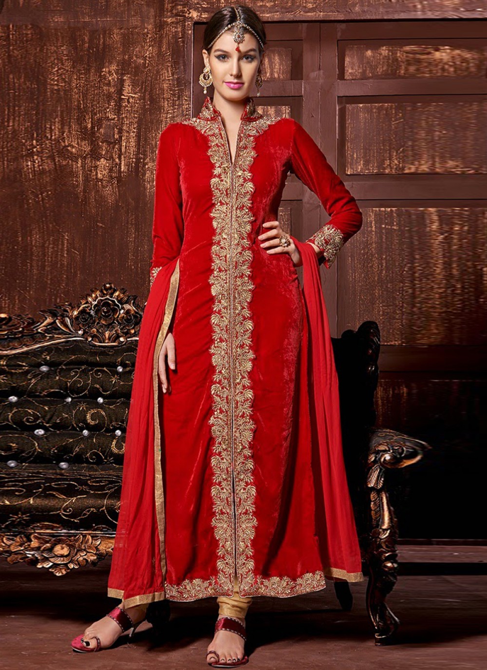 Red Velvet Designer Churidar Suit