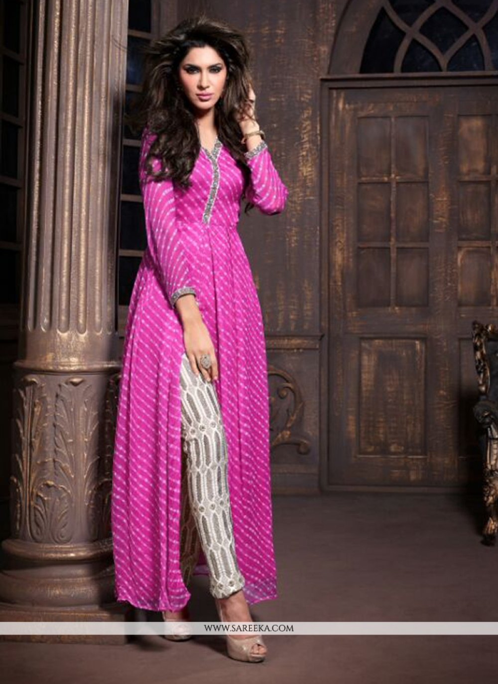 Graceful Art Silk Fabric Rani Pink Color Pant Style Salwar Kameez