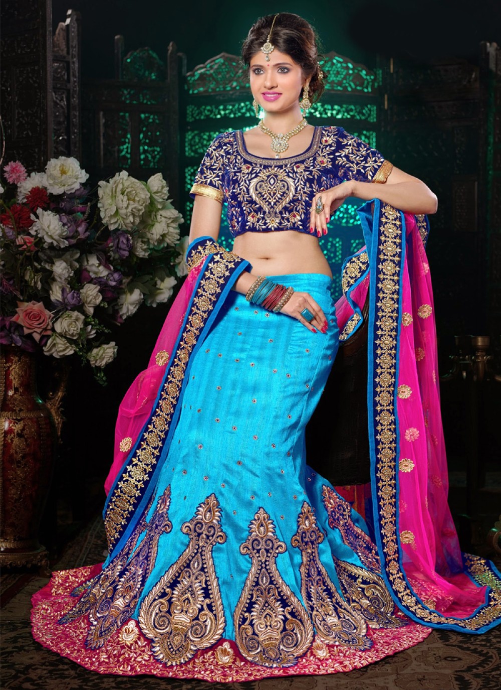 Aqua Blue Bhagalpuri Silk Wedding Lehenga Choli - Lehenga Choli