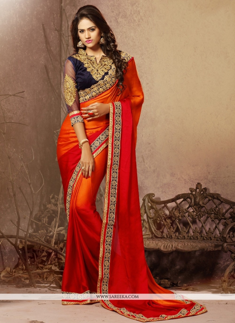 Red And Orange Designer Saree