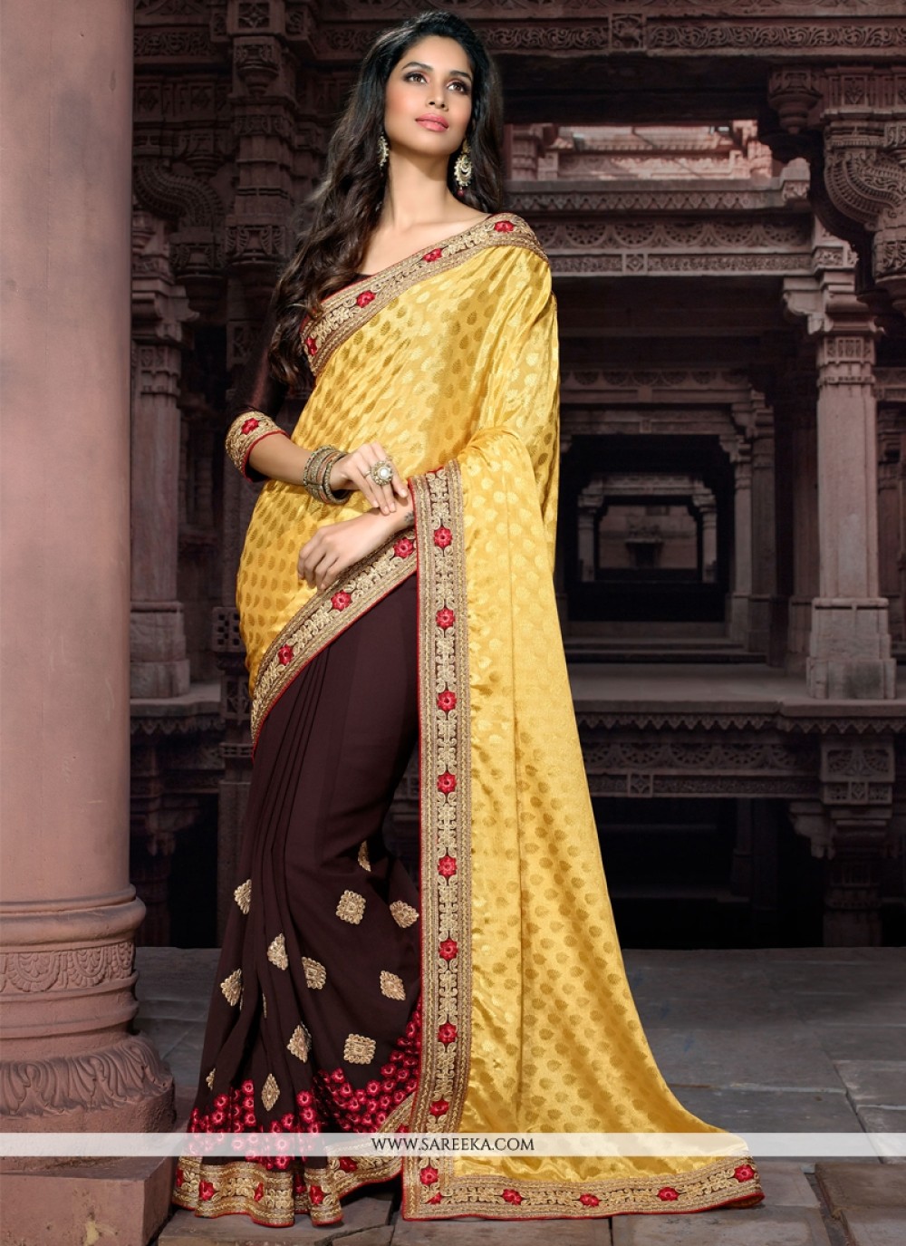 Georgette Brown and Yellow Embroidered Work Designer Saree
