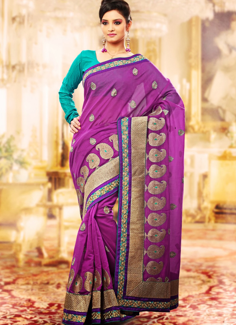 Bluish Purple Embroidered Saree