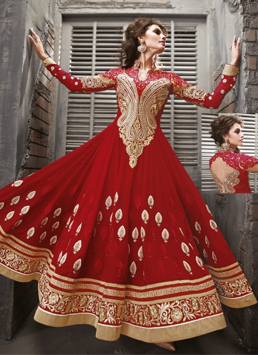 Red Embroidery Work Net Anarkali Suit