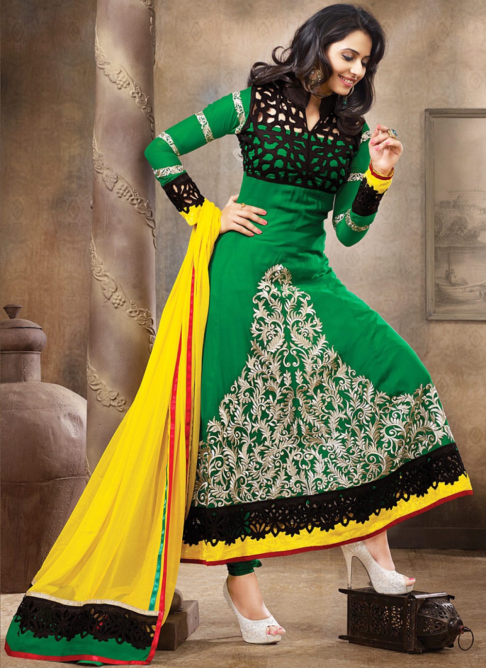 Green And Yellow Resham Work Anarkali Suit