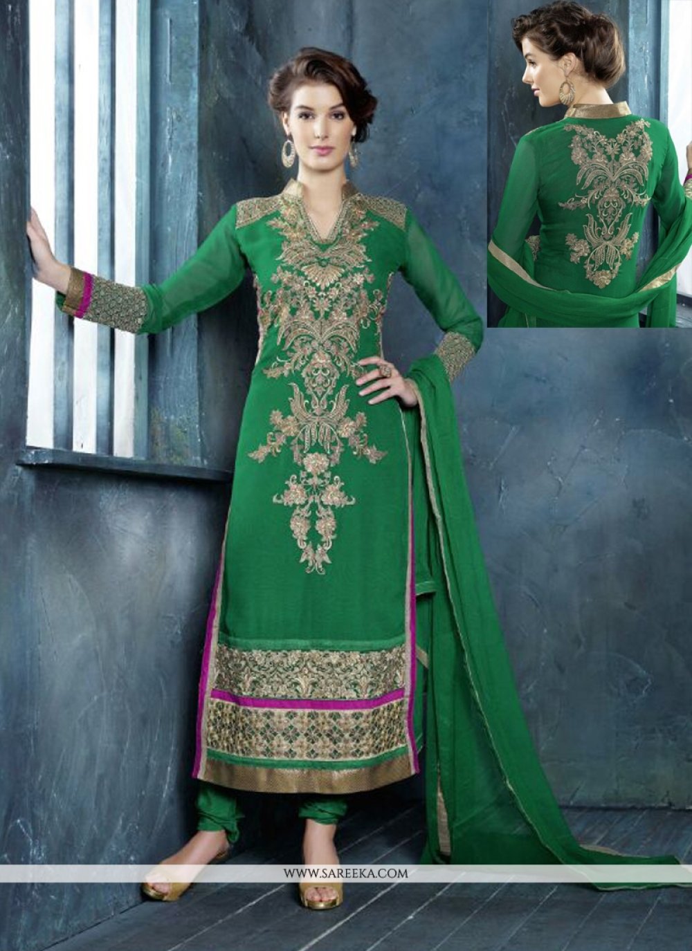 Green Georgette Churidar Salwar Suit