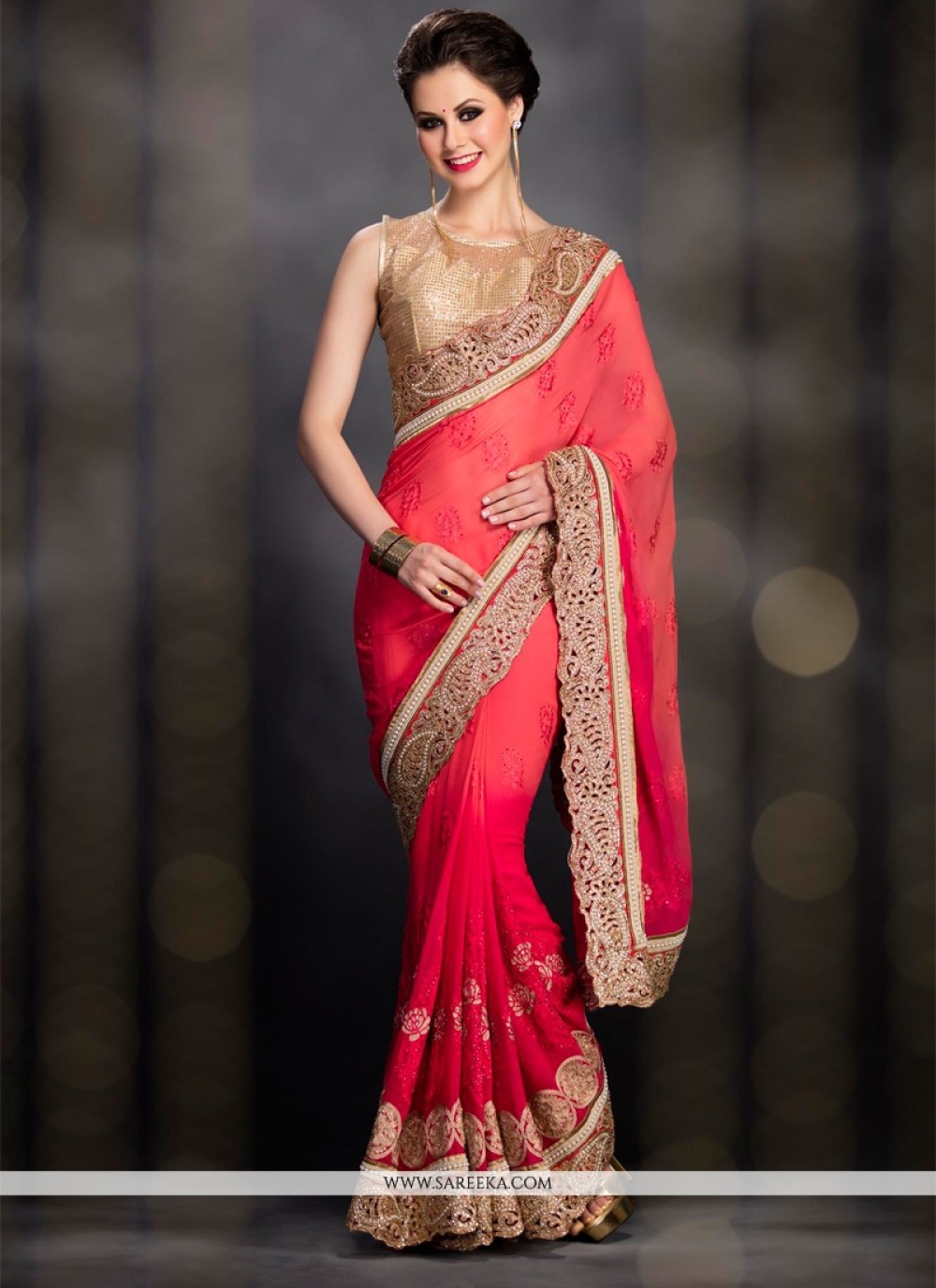 Jacquard Hot Pink and Red Designer Bridal Sarees