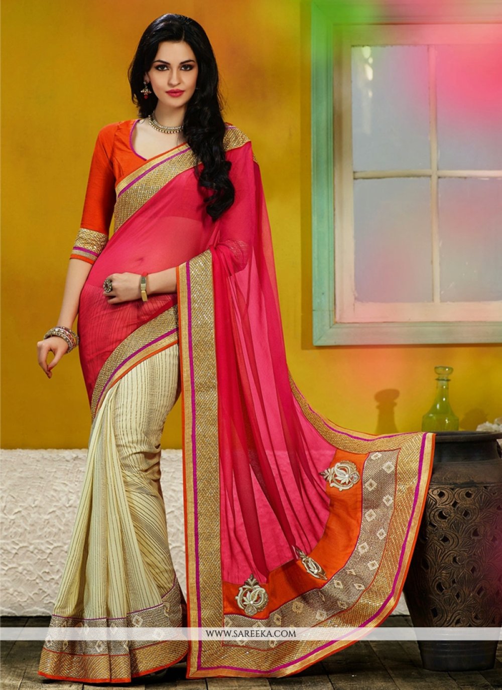 Pink And Cream Georgette Saree