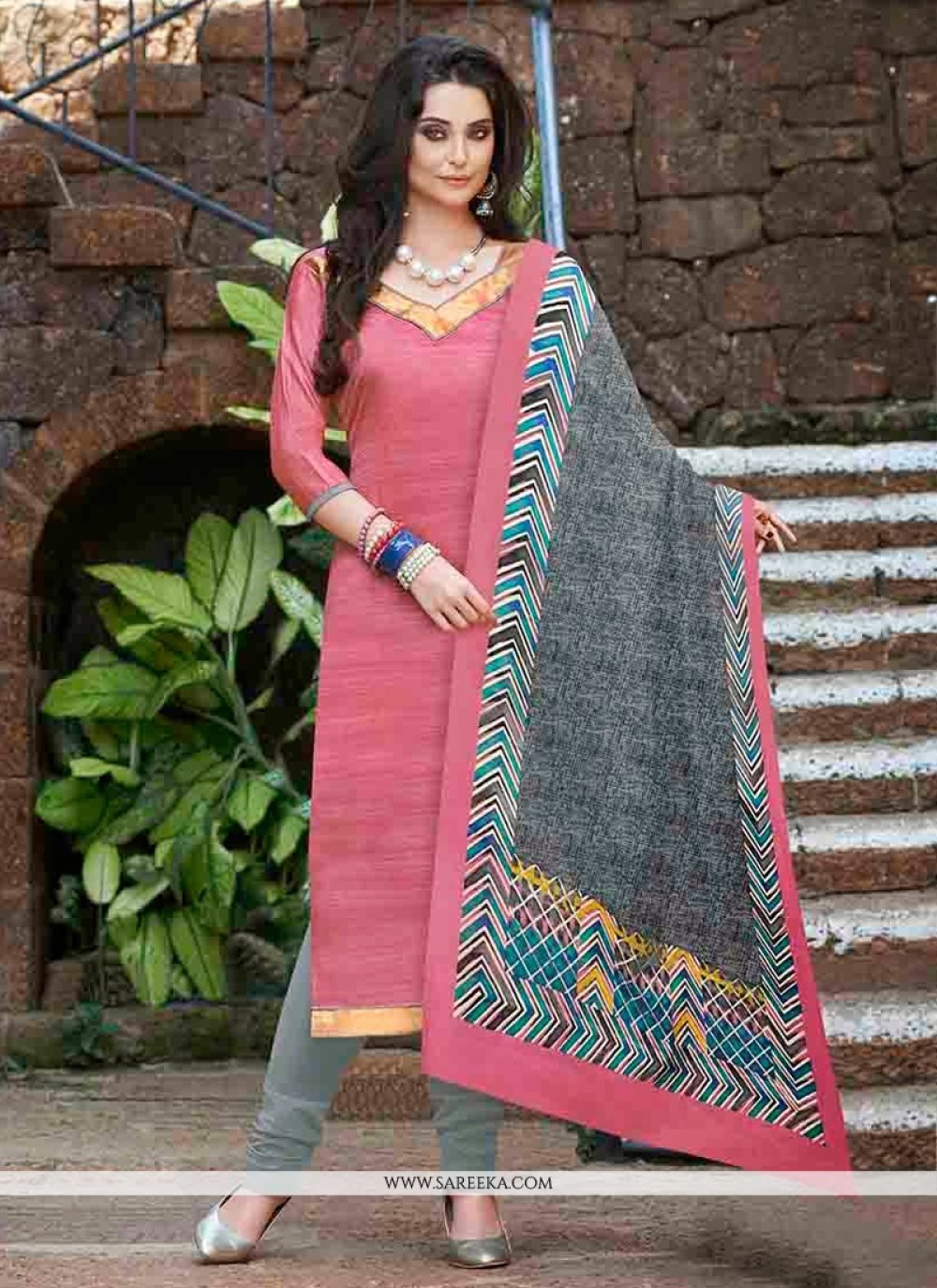 Pink Bhagalpuri Silk Churidar Suit