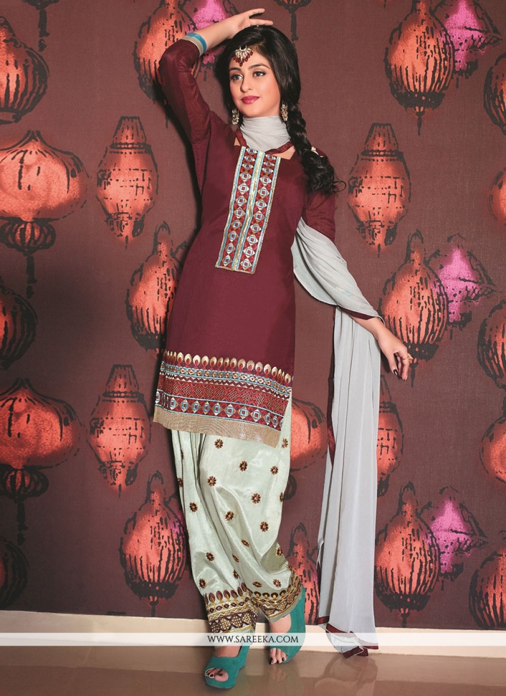 Wine Banarasi Jacquard Punjabi Suit