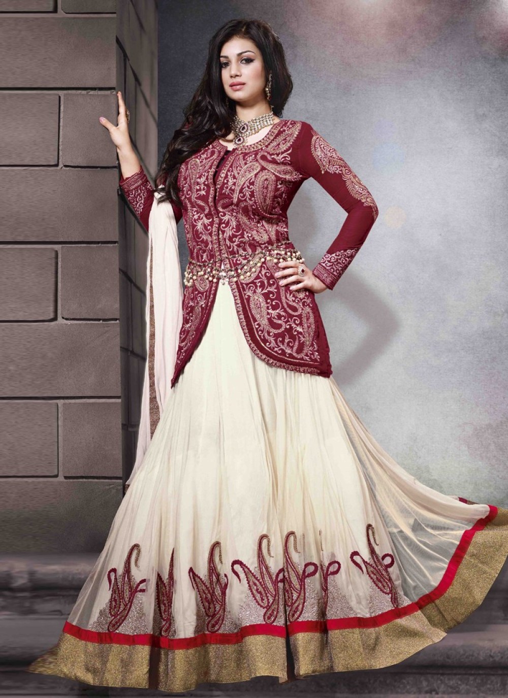 Ayesha Takia Cream And Maroon Embroidery Work Net Anarkali Suit