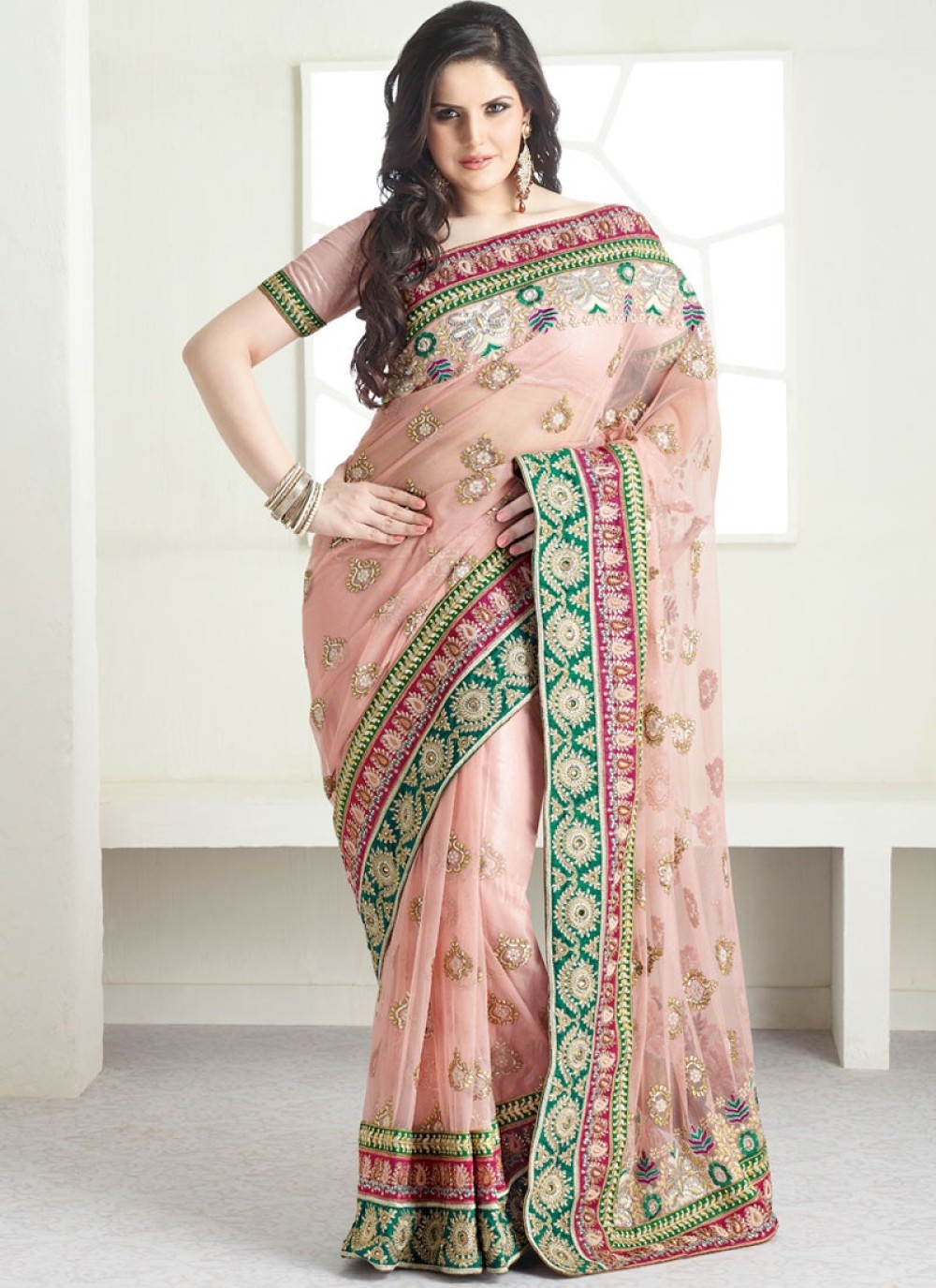 Baby Pink Embroidered Net Saree