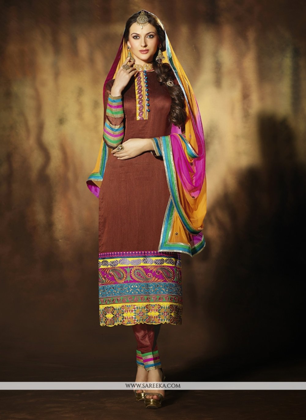 Brown Art Silk Pant Style Salwar Suit