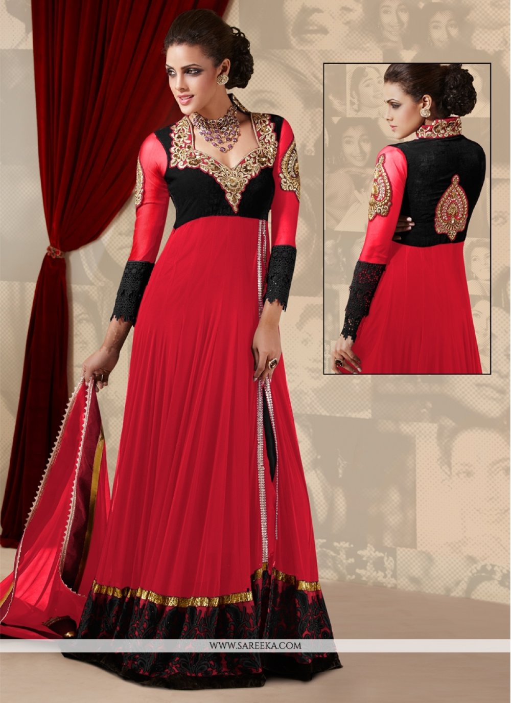 Red Net Floor Length Anarkali Suit