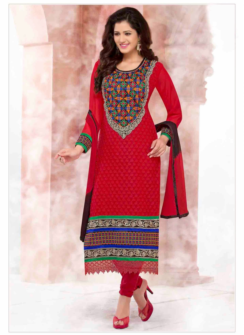 Red Embroidery Work Churidar Suit