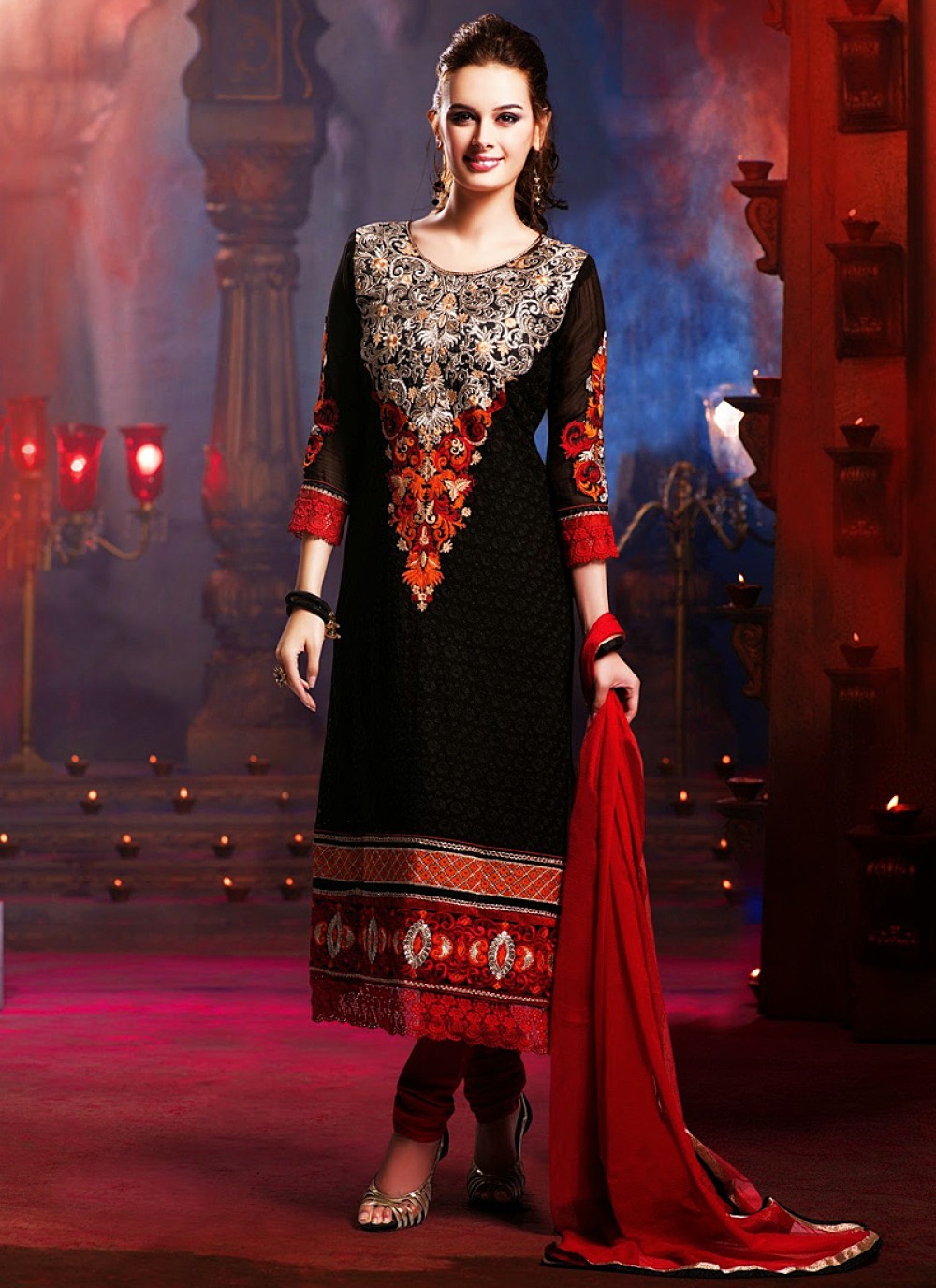 Black And Red Embroidery Work Churidar Suit