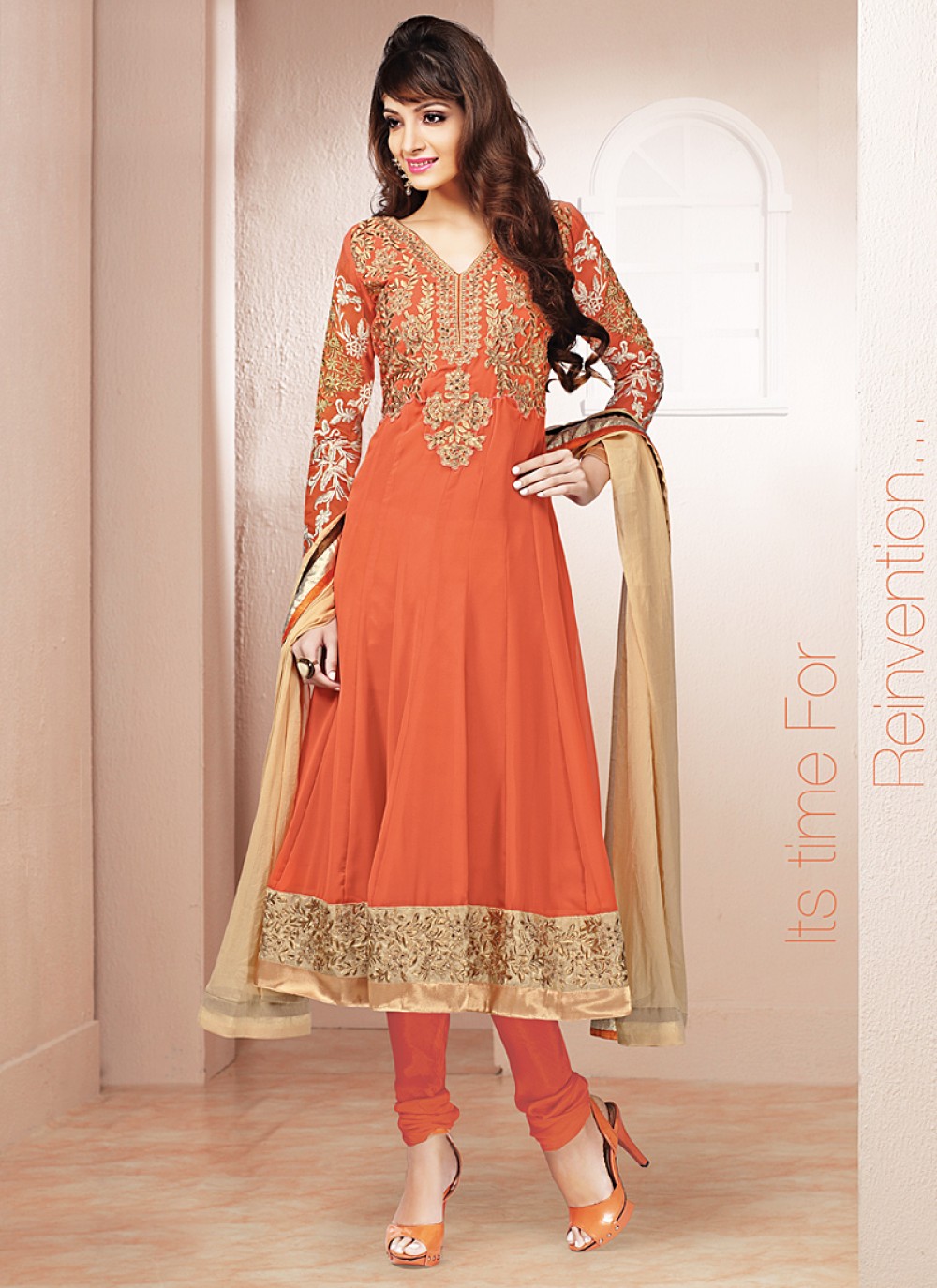 Orange Embroidery Work Net Anarkali Suit
