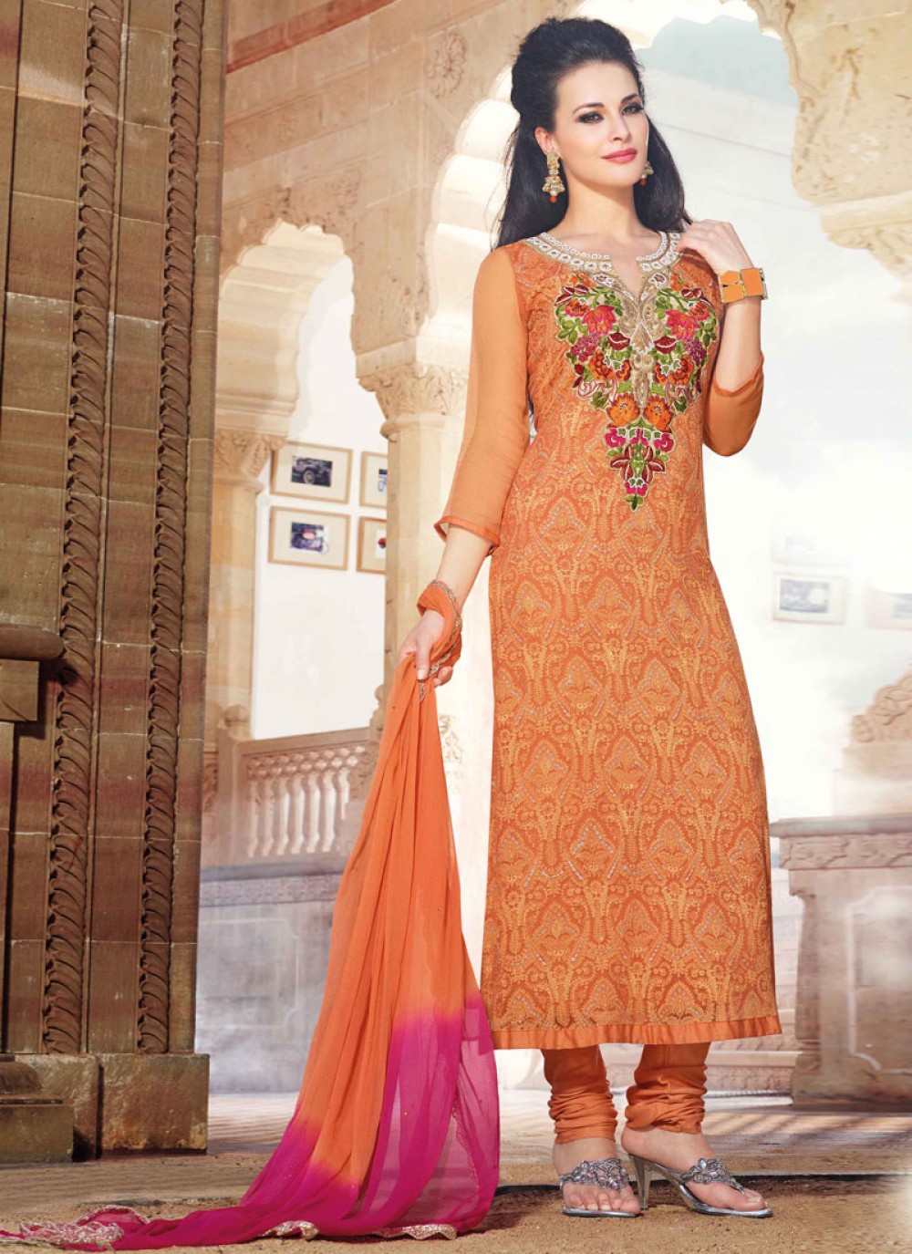 Orange Pure Chiffon Churidar Suit