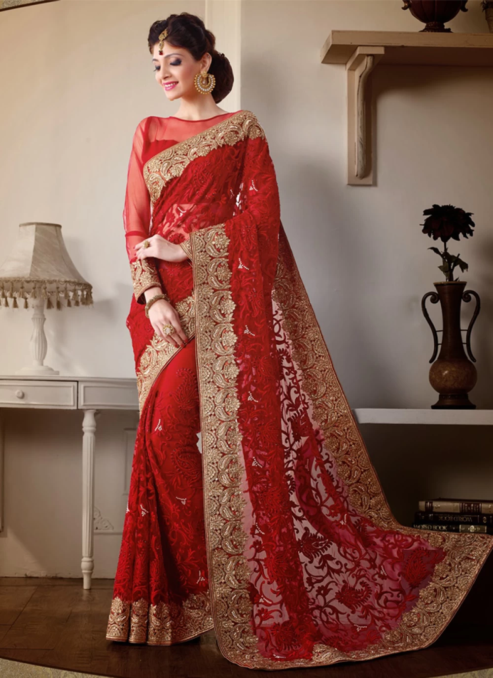 Red Net Wedding Saree