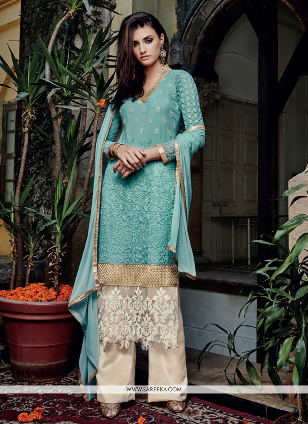Lace Work Net Turquoise Designer Pakistani Suit