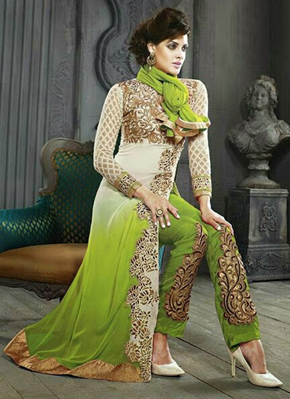 Green Shaded Embroidery Pakistani Suit